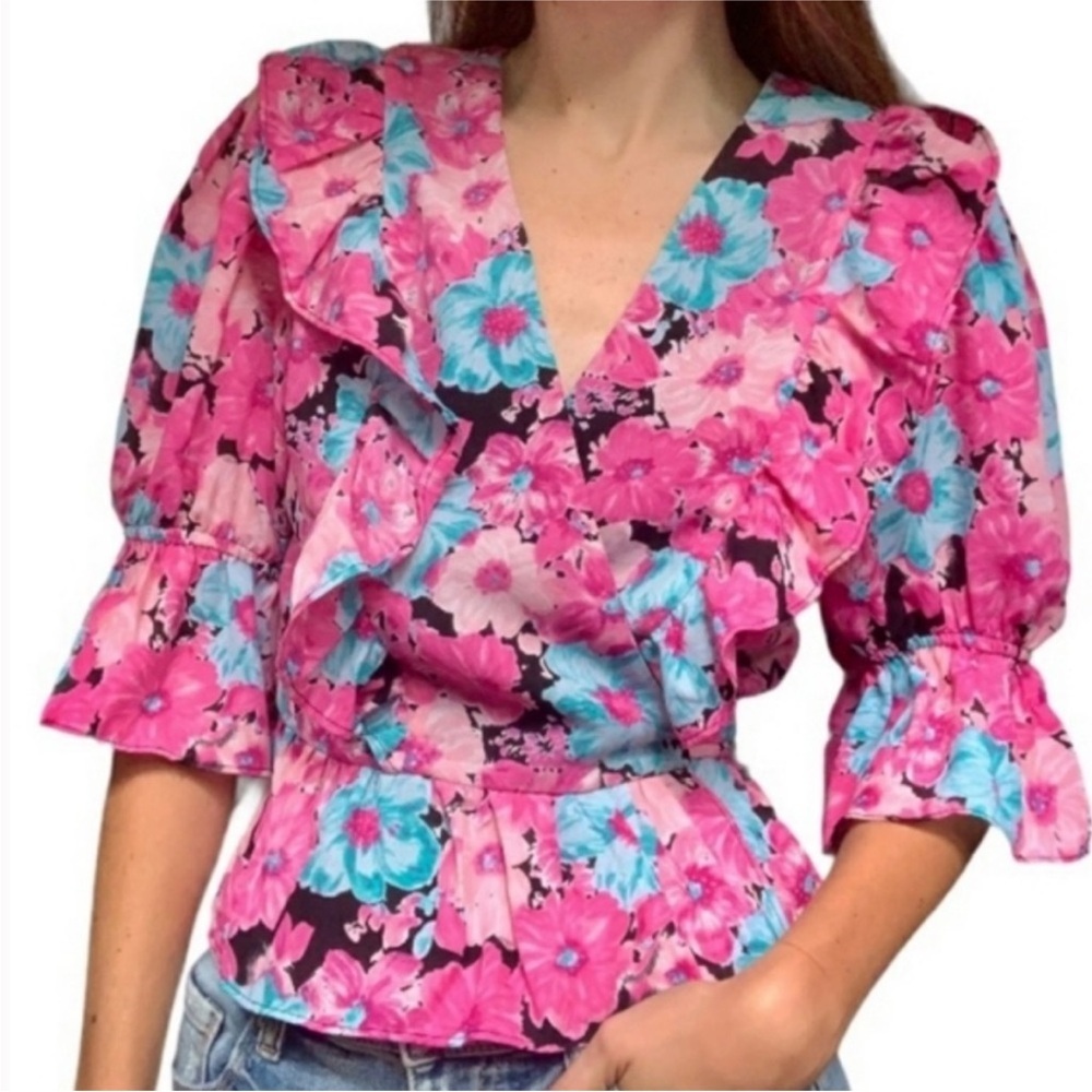 NWT Wayf Pink and Blue Floral Ruffle Blouse | Size Large
